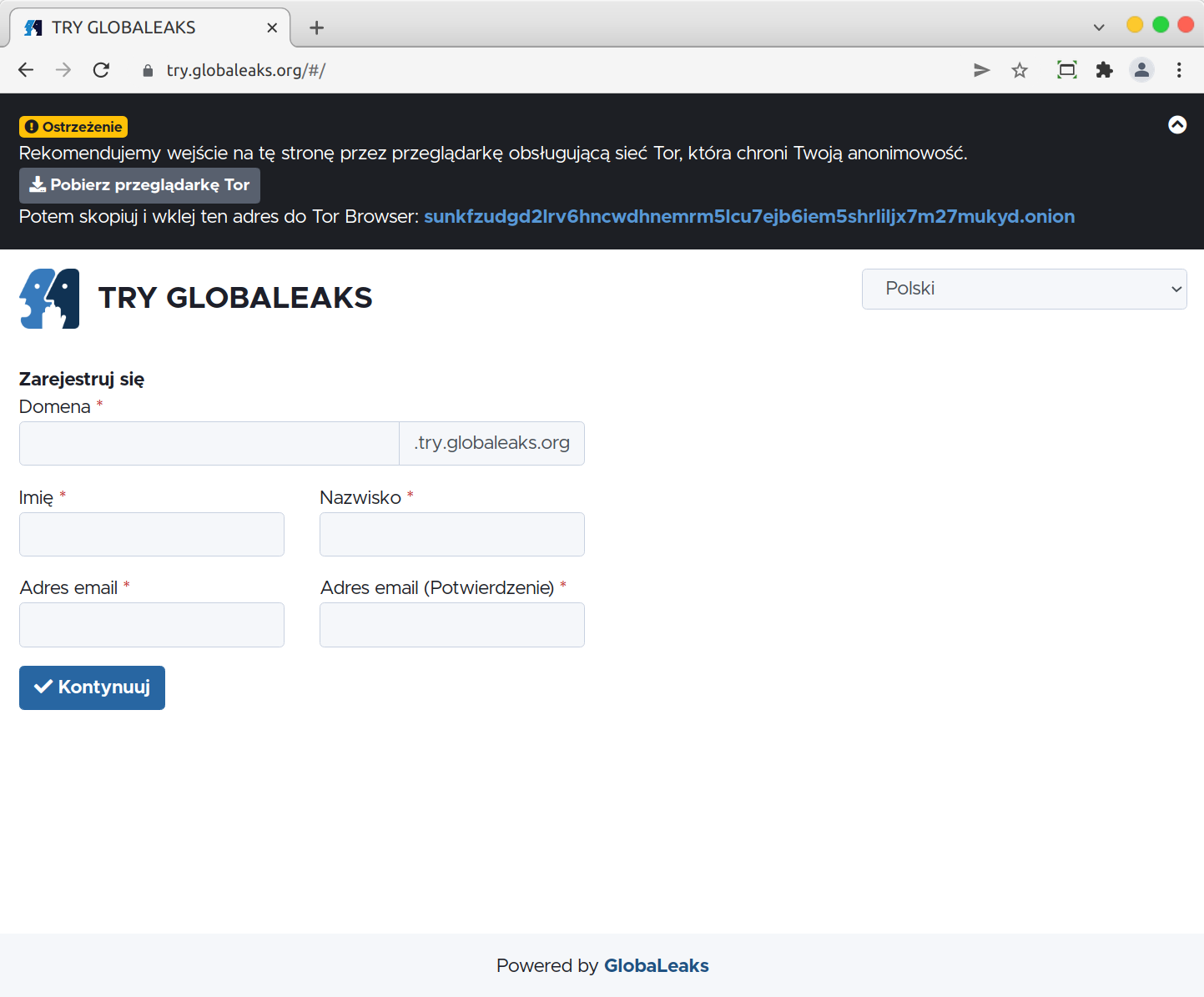 Przykładowy ekran rejestracji strony testowej GlobaLeaks