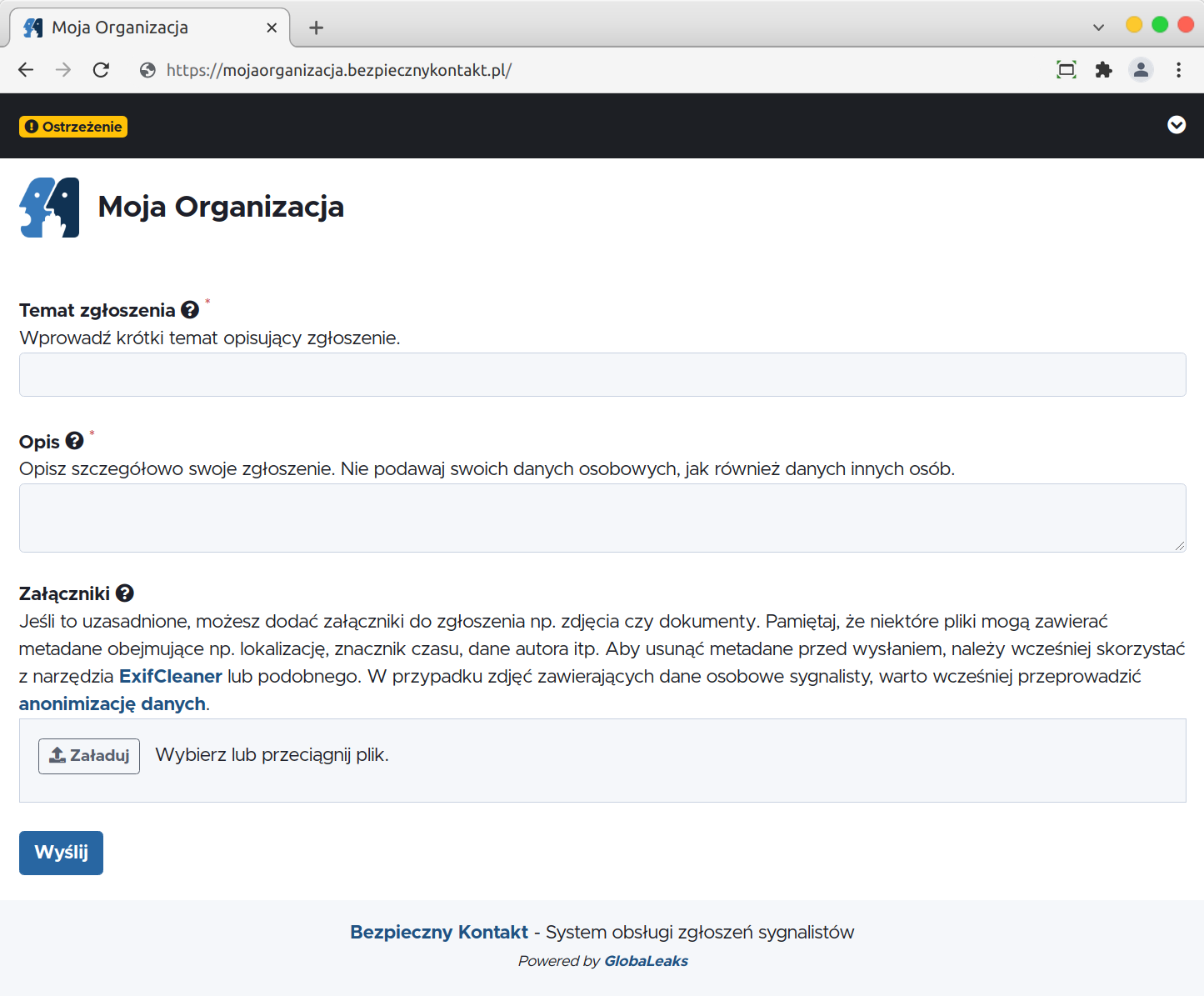 Przykładowy ekran formularza zgłoszenia w domenie bezpiecznykontakt.pl